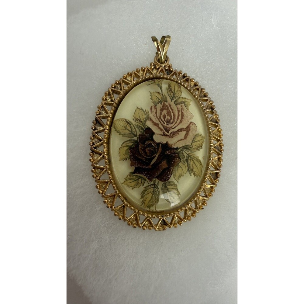 Vintage Rose Lucite Gold Tone Pendant | Openwork Oval Floral